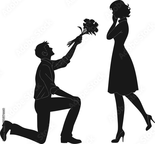 A black silhouette of a romantic scene against a white background. The image depicts a man kneeling on one knee, positioned on the left side, offering a bouquet of flowers to a woman standing opposite