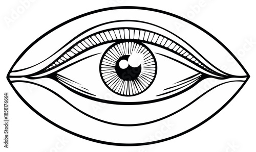 Abstract stylized eye symbol line art black and white detailed drawing vision concept.