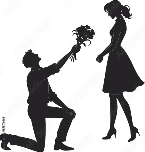 A black silhouette of a romantic scene against a white background. The image depicts a man kneeling on one knee, positioned on the left side, offering a bouquet of flowers to a woman standing opposite