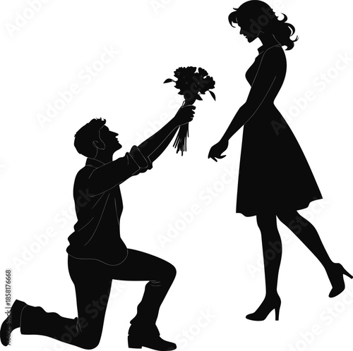 A black silhouette of a romantic scene against a white background. The image depicts a man kneeling on one knee, positioned on the left side, offering a bouquet of flowers to a woman standing opposite