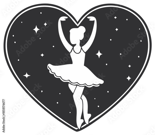 Ballerina silhouette in heart shape with stars vector design Dancer dancing ballet pose graceful figure performing arts
