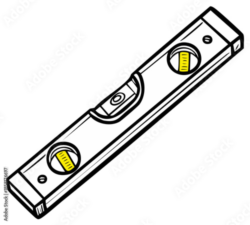 Cartoon Illustration of a Spirit Level Tool Showing Level with Bubbles between Yellow Graduations, Hand Drawn Outline Style