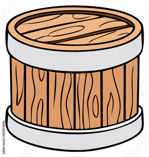 Cartoon Wooden Barrel with Metal Bands for Storage or Decoration