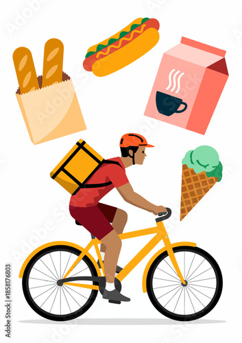 A vibrant illustration showcases a food delivery cyclist, equipped with snacks like hot dogs, ice cream, and coffee, symbolizing convenience and modern lifestyle choices.