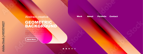 Abstract geometric background. Vibrant pink, purple hues dominate design. Text elements present, navigation visible. Modern aesthetic.