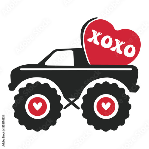 Monster truck delivering a huge red heart with xoxo for a powerful declaration of love