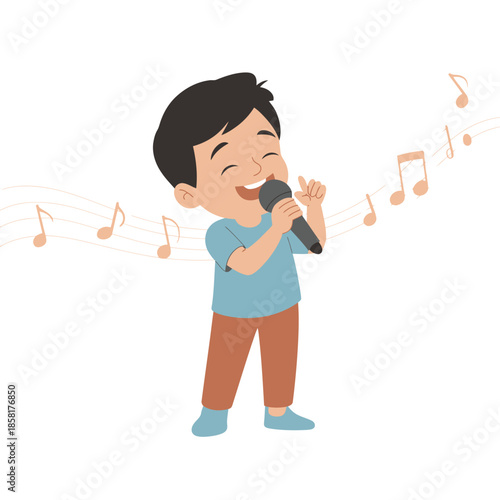 A cheerful young boy passionately sings into a microphone, capturing the essence of childhood joy and the love for music showcased through vibrant notes in the background.