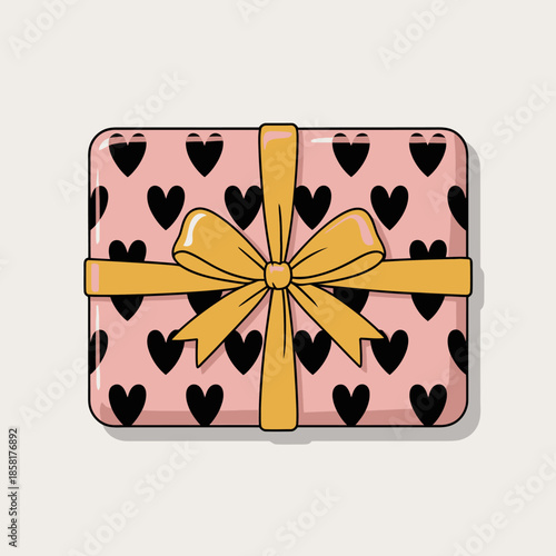 This image features a pink gift box adorned with black hearts and a bright yellow bow, perfect for conveying themes of love, celebration, and gifting happiness.