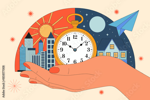 A visual interpretation combining elements of time and space, illustrated through a clock and landscape, symbolizing the ongoing flow and significance of time in life.