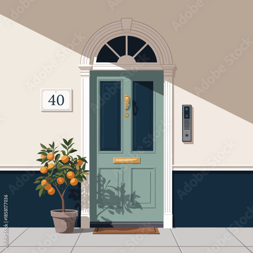 An elegant front door accompanied by a lovely citrus tree highlights home aesthetics and welcoming vibes, merging architecture with the beauty of nature seamlessly.