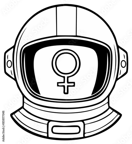Monochrome illustration of an astronaut helmet featuring a female gender symbol