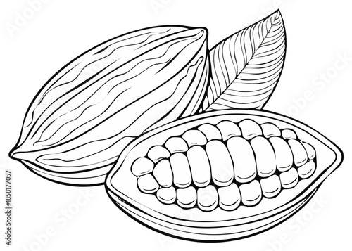 Hand-drawn illustration of a whole cacao pod and a sliced open pod revealing seeds and pulp.