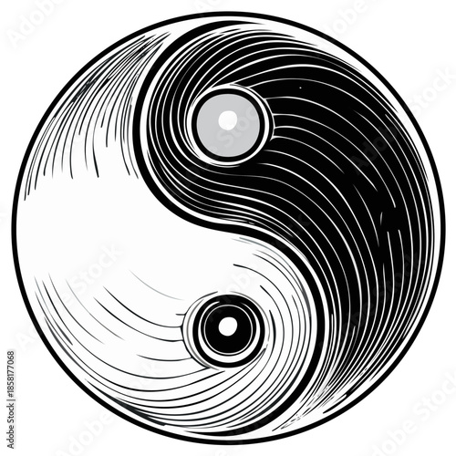 Detailed Line Drawing of Taoist Yin Yang Symbol Representing Opposing Harmony and Balance