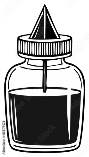 Glass ink bottle with applicator tip and dark liquid inside a simple outline style