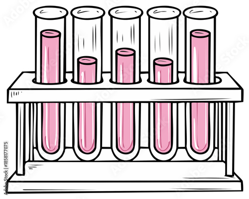 Laboratory test tubes in a rack with varying levels of pink liquid, scientific research
