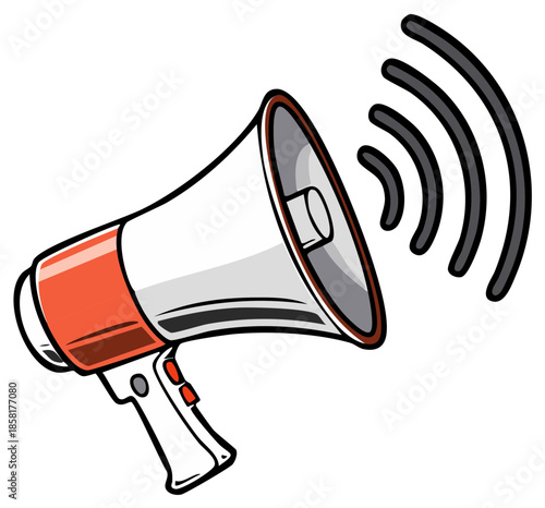 Cartoon megaphone broadcasting sound waves announcing communication and information sharing