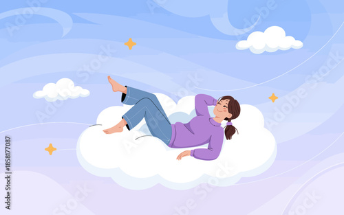 A serene illustration of a woman laying back on a fluffy cloud, embodying relaxation and peace while she reflects and enjoys a moment of tranquility amidst a dreamy background.