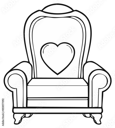 Elegant upholstered armchair with a heart symbol on the backrest, simple outline vector illustration