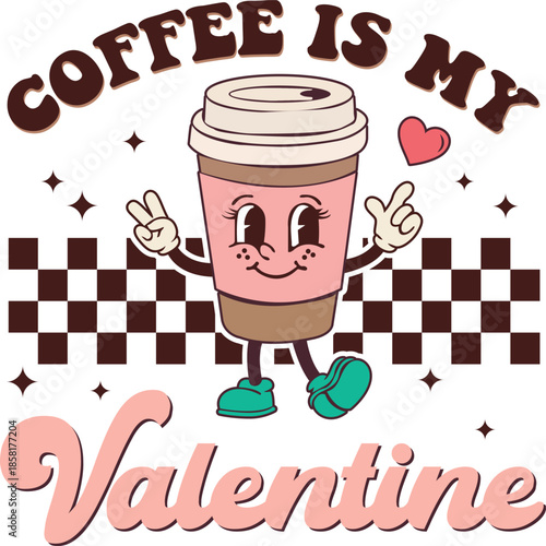 A charming retro coffee cup character declares its love as your happy valentine