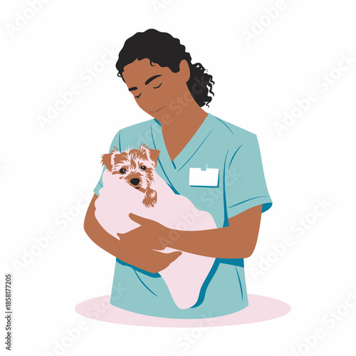 This heartwarming image depicts a veterinary professional gently cradling a small puppy wrapped in a cozy blanket, symbolizing love, care, and compassion for animals.