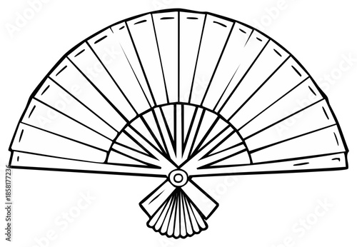 Open hand fan illustration in black and white, decorative art.