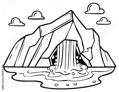 Mountain waterfall scenery drawing, cascading water on stones, rocks and nature landscape with clouds. Vector graphic line illustration.