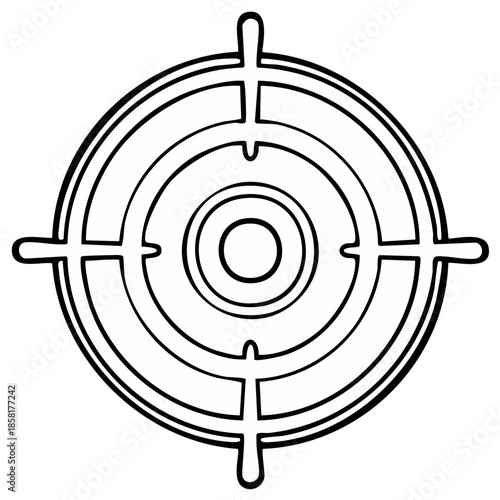 Hand drawn target graphic with concentric circles and crosshairs in black and white.