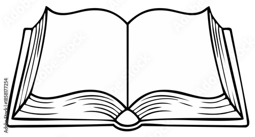 Illustration of an open book, facing pages with blank space for text or images, black lines over white paper