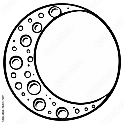 Crescent moon illustration with craters, celestial body, simple line art design, astronomical object, space element, astronomy icon, outline drawing