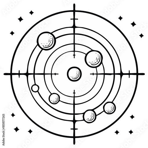 Stylized concentric circles and orbiting planets in a target reticle graphic