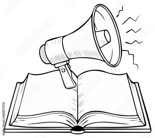 Megaphone on top of an open book symbolising knowledge, advertising and announcement.