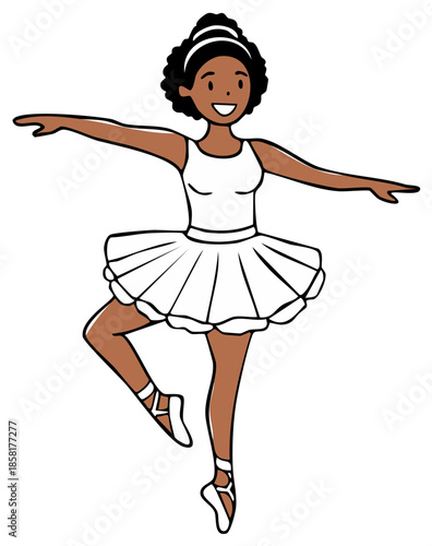 Smiling young African American girl ballet dancer wearing white tutu performs a graceful dance position