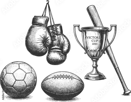 A collection of classic sports equipment and trophies are elegantly displayed. A black and white illustration of boxing gloves, a baseball bat, soccer balls, rugby ball, and trophy. 