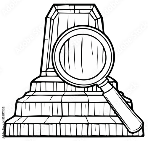 Magnifying glass examining a tiered monument or award pedestal for discovery and inspection