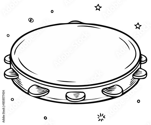 Simple outline illustration of a tambourine with stars and sparkles