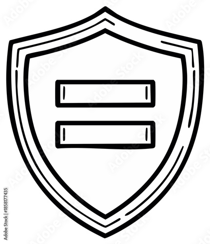 Black and white shield symbol with two horizontal lines representing equality and safety