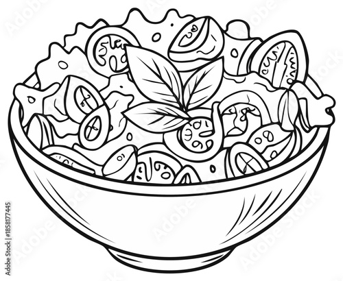 Salad bowl with tomatoes and basil line art illustration black and white drawing