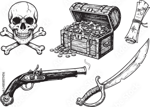 A collection of classic pirate elements illustrated in black and white, including a skull and crossbones, a treasure chest overflowing with gold coins, a rolled-up map, a pistol, and a saber.