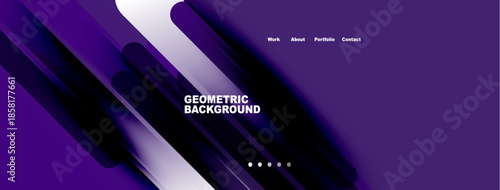 Abstract geometric background features purple, white gradients. Text displays work, about, portfolio, contact options. Modern design elements present.