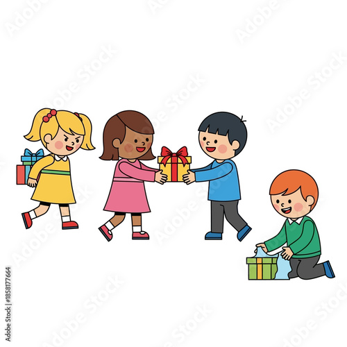 Children exchanging gifts in a joyful celebration with friends  (149)