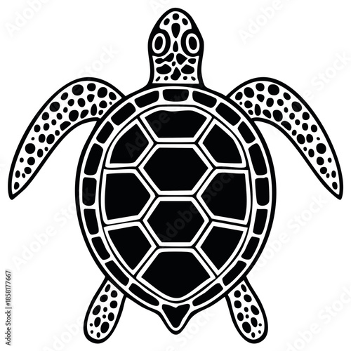 Stylized Black Sea Turtle Illustration with Hexagonal Shell Pattern