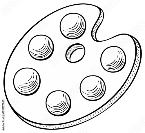 Artistic wooden palette with circles for paints and a thumb hole in a sketch style