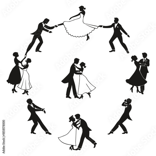 A collection of stylized silhouettes of couples dancing, arranged in a circular pattern on a white background. Each couple is depicted in a classic ballroom dance pose. The men are uniformly in suits 