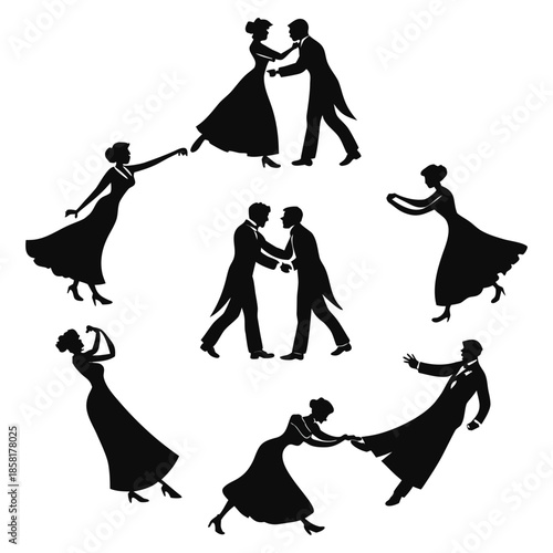 A collection of stylized silhouettes of couples dancing, arranged in a circular pattern on a white background. Each couple is depicted in a classic ballroom dance pose. The men are uniformly in suits 