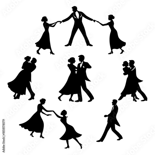 A collection of stylized silhouettes of couples dancing, arranged in a circular pattern on a white background. Each couple is depicted in a classic ballroom dance pose. The men are uniformly in suits 