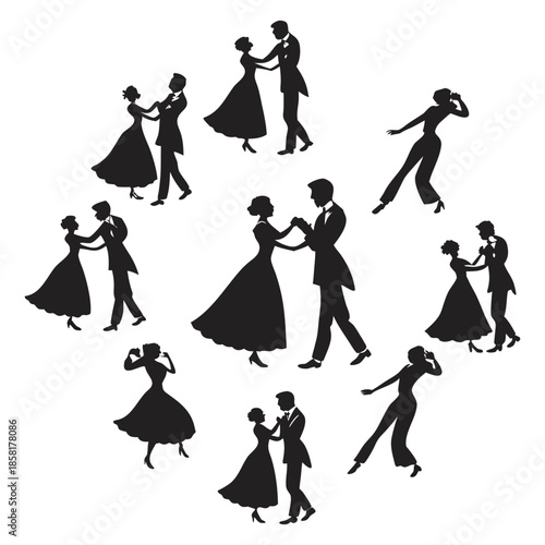 A collection of stylized silhouettes of couples dancing, arranged in a circular pattern on a white background. Each couple is depicted in a classic ballroom dance pose. The men are uniformly in suits 