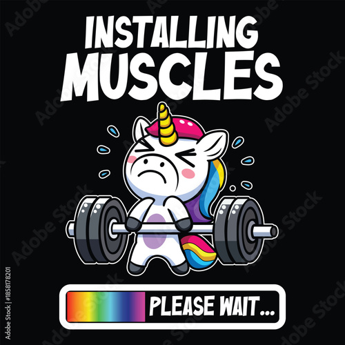 Installing muscles: a cute and funny unicorn struggles with weightlifting, please wait
