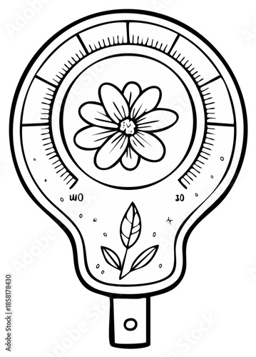 Stylized line art drawing of a flower on a scale with decorative leaves