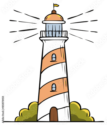 Cartoon illustration of a striped lighthouse with shining light rays and bushes