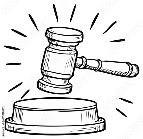 Hand-drawn gavel striking sound block symbolizes law, authority, legal system, judgement and auction concepts.